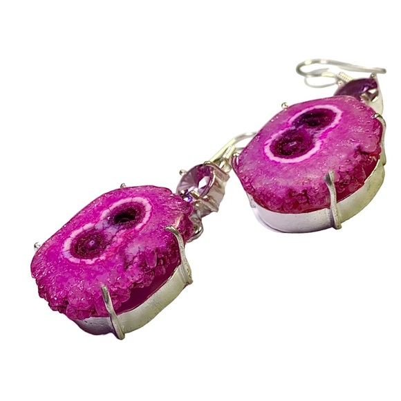 Pink Solar Quartz & Topaz Gemstones in Handmade Silver-Plated Earrings - Picture 2 of 3